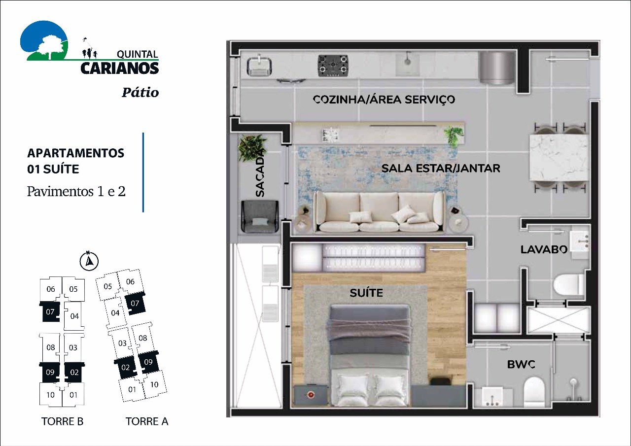 Apartamento[ NumeroQuarto] Carianos Florianópolis Quintal Carianos - Pátio: Planta humanizada final 2 - 1 su te (imagem ilustrativa - mobili rio e decora  o n o inclu dos)