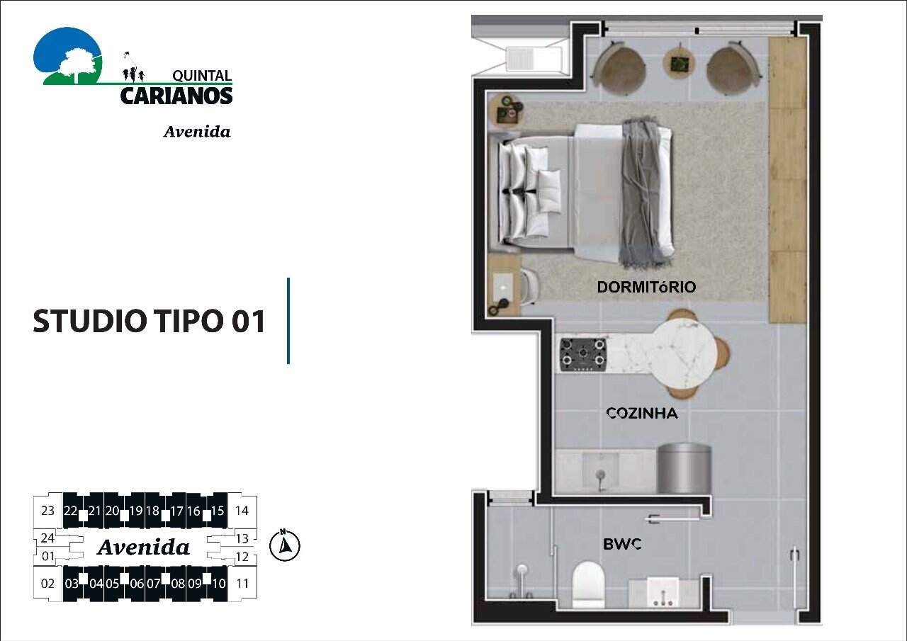 Estúdio[ NumeroQuarto] Carianos Florianópolis Quintal Carianos - Avenida: Planta humanizada final 3 - est dio (imagem ilustrativa - mobili rio e decora  o n o inclu dos)