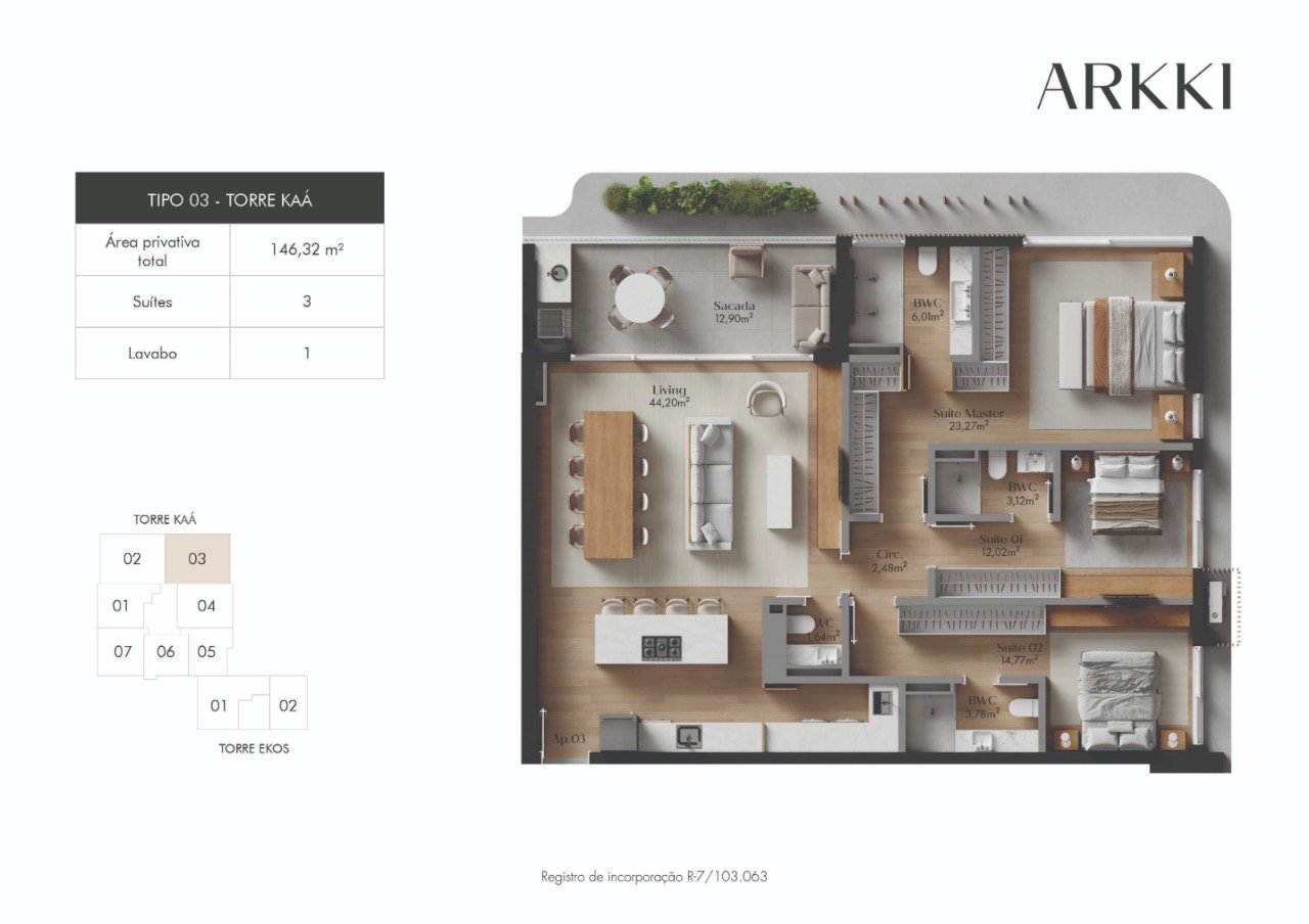 Apartamento[ NumeroQuarto] Centro Florianópolis Arkki: Planta humanizada final 03 Torre Ka  - imagem ilustrativa, mobili rio n o inclu do