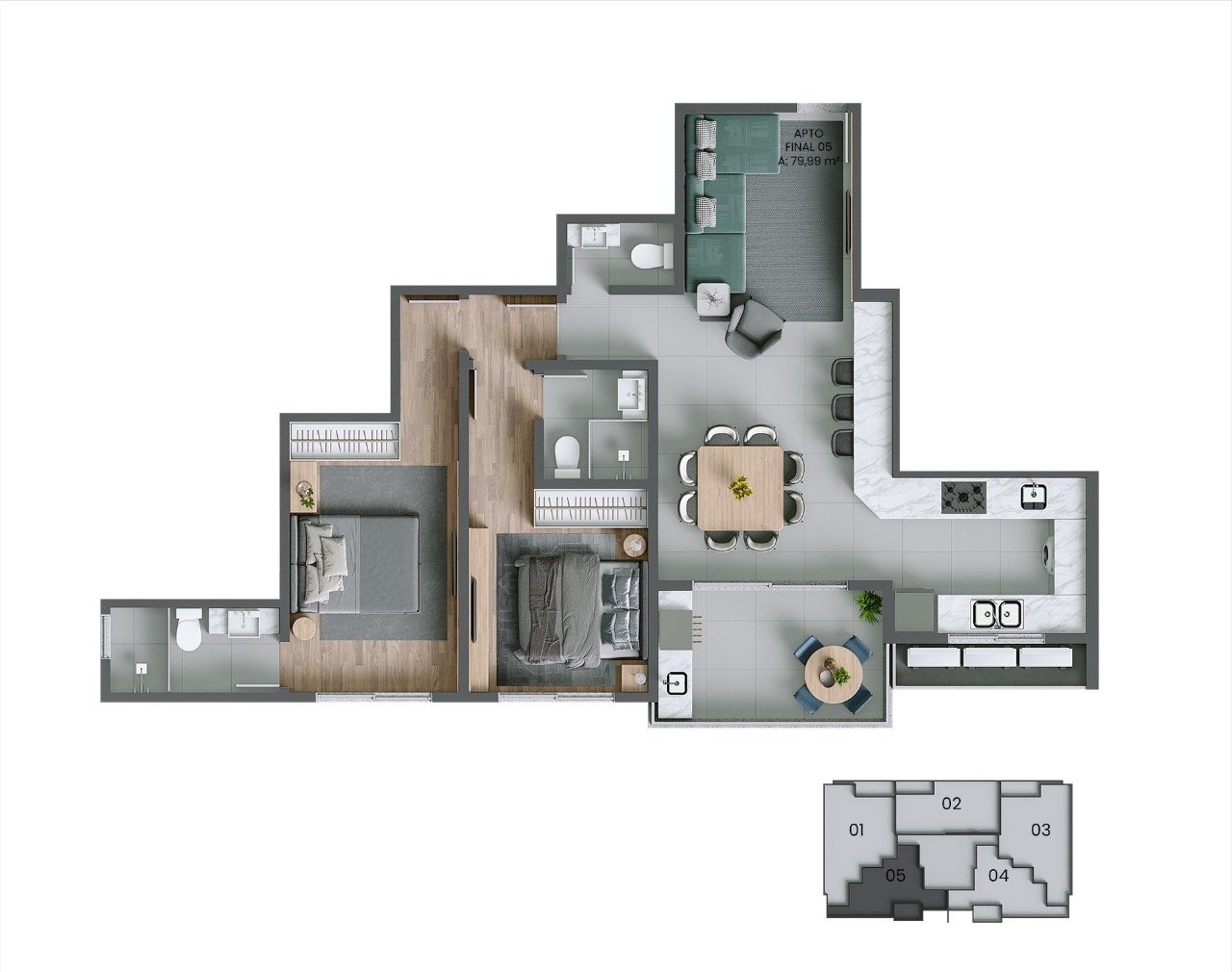 Apartamento[ NumeroQuarto] Agronômica Florianópolis Stuttgart: Planta humanizada final 05 - 2 su tes (imagem ilustrativa - mobili rio e decora  o n o inclu dos)