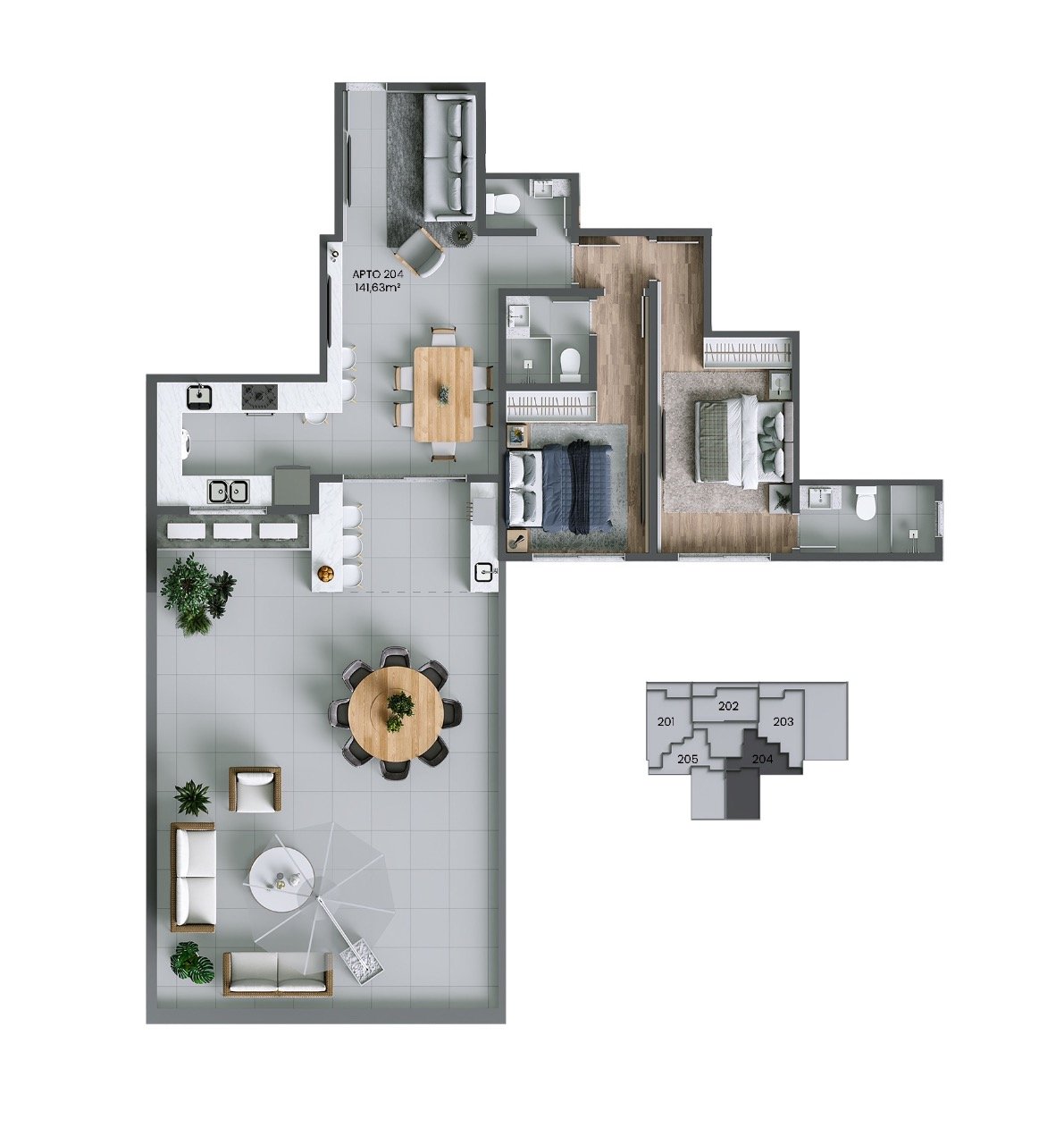 Apartamento[ NumeroQuarto] Agronômica Florianópolis Stuttgart: Planta humanizada final 04 - 2 su tes (imagem ilustrativa - mobili rio e decora  o n o inclu dos)
