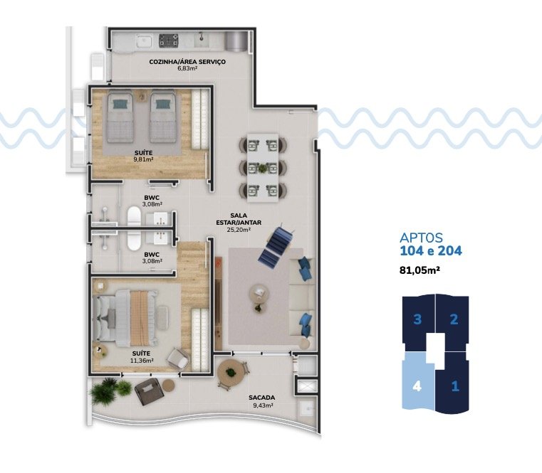 Apartamento[ NumeroQuarto] Morro das Pedras Florianópolis Wave Residencial: Planta humanizada final 04 Torre B (imagem ilustrativa - mobili rio n o inclu do)