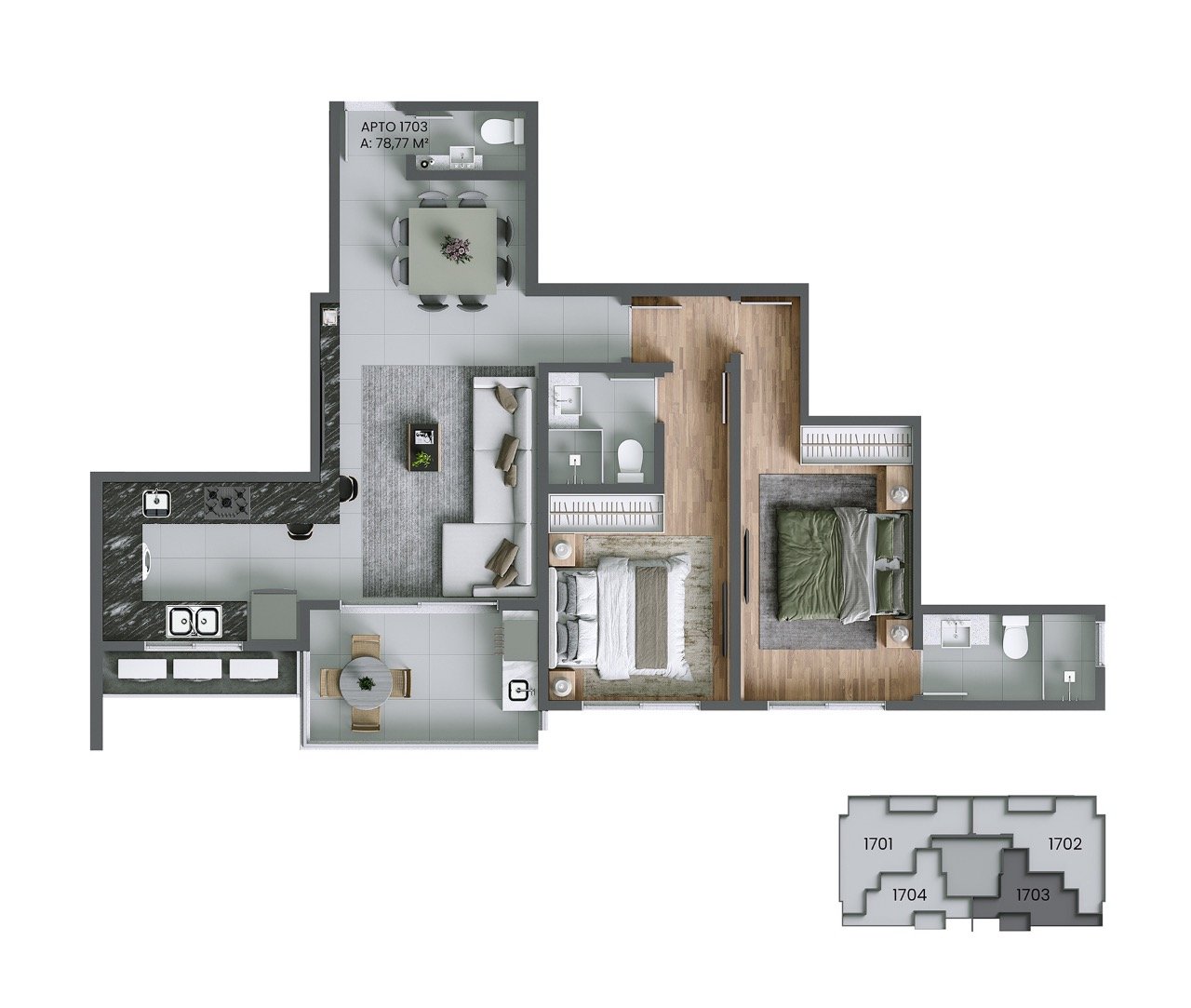 Apartamento[ NumeroQuarto] Agronômica Florianópolis Stuttgart: Planta humanizada 1703 - 2 su tes (imagem ilustrativa - mobili rio e decora  o n o inclu dos)