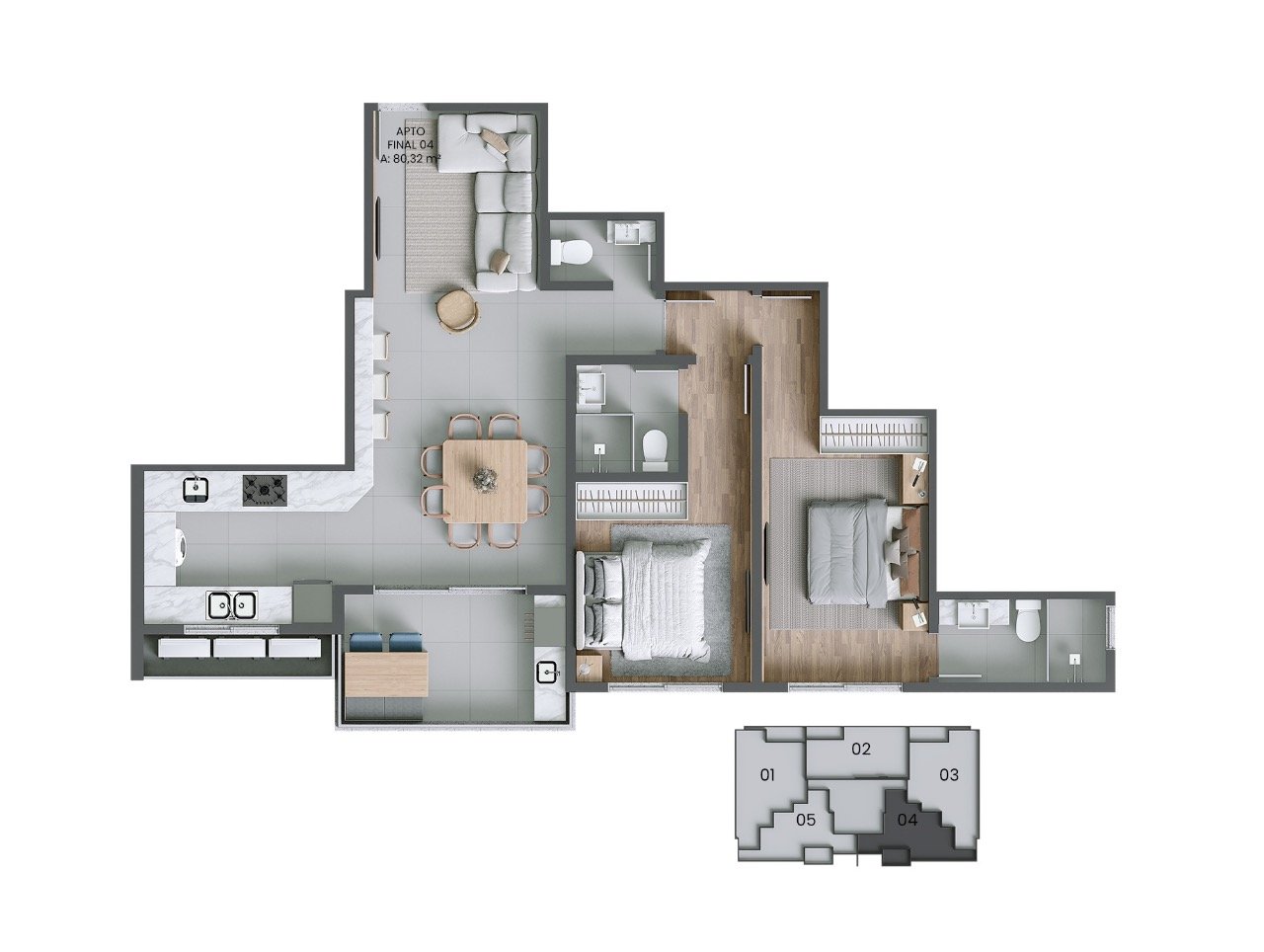 Apartamento[ NumeroQuarto] Agronômica Florianópolis Stuttgart: Planta humanizada final 04 - 2 su tes (imagem ilustrativa - mobili rio e decora  o n o inclu dos)