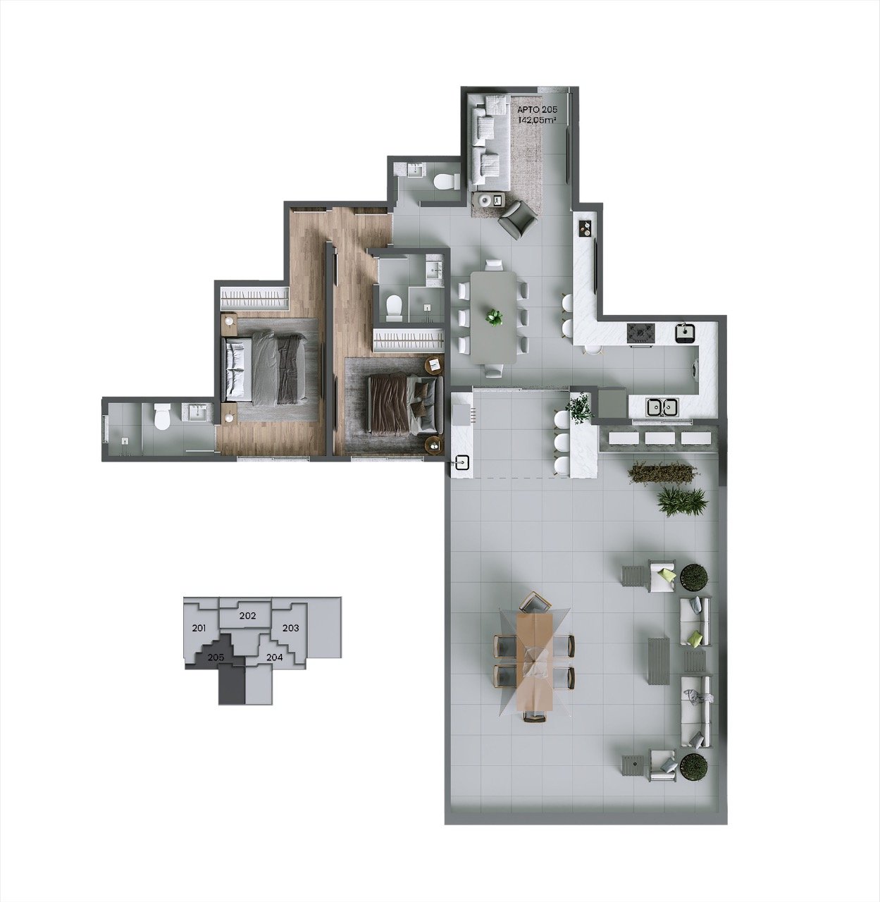 Apartamento[ NumeroQuarto] Agronômica Florianópolis Stuttgart: Planta humanizada final 05 - 2 su tes (imagem ilustrativa - mobili rio e decora  o n o inclu dos)
