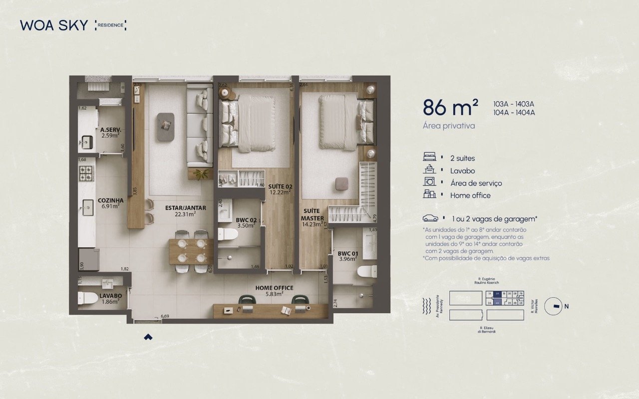 Apartamento[ NumeroQuarto] Campinas São José WOA Sky Residence: Planta humanizada apartamento final 03A - 2 su tes (imagem ilustrativa - mobili rio n o inclu do)
