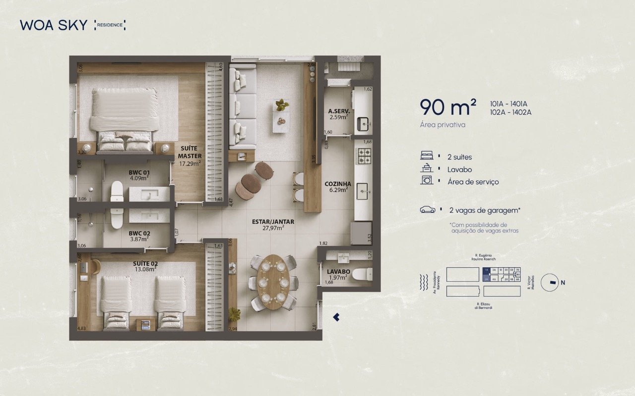 Apartamento[ NumeroQuarto] Campinas São José WOA Sky Residence: Planta humanizada apartamento final 01A - 2 su tes (imagem ilustrativa - mobili rio n o inclu do)