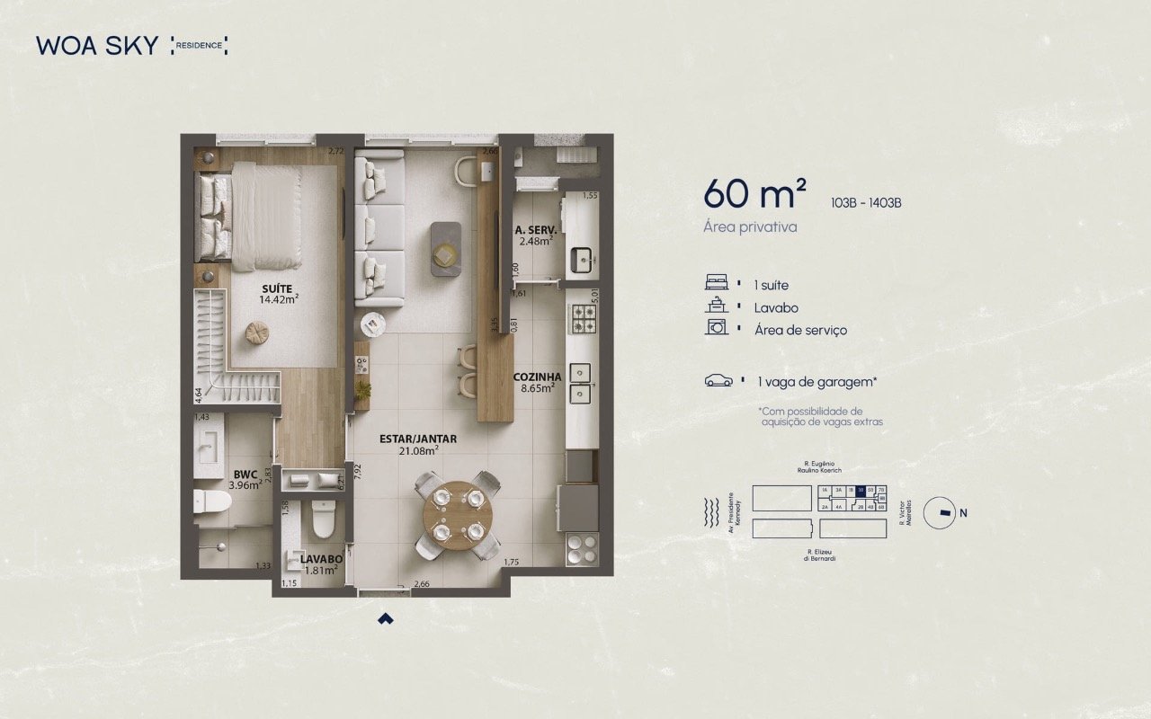 Apartamento[ NumeroQuarto] Campinas São José WOA Sky Residence: Planta humanizada apartamento final 03B - 1 su te (imagem ilustrativa - mobili rio n o inclu do)