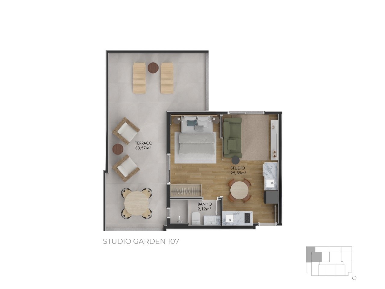 Estúdio[ NumeroQuarto] Centro Florianópolis Pace Studios: Planta humanizada garden final 7 - imagem ilustrativa, mobili rio n o inclu do