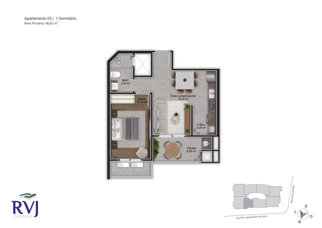 Apartamento[ NumeroQuarto] Trindade Florianópolis Rafael Moritz: Planta humanizada final 03 - 1 dorm (imagem ilustrativa - mobili rio e decora  o n o inclu dos)