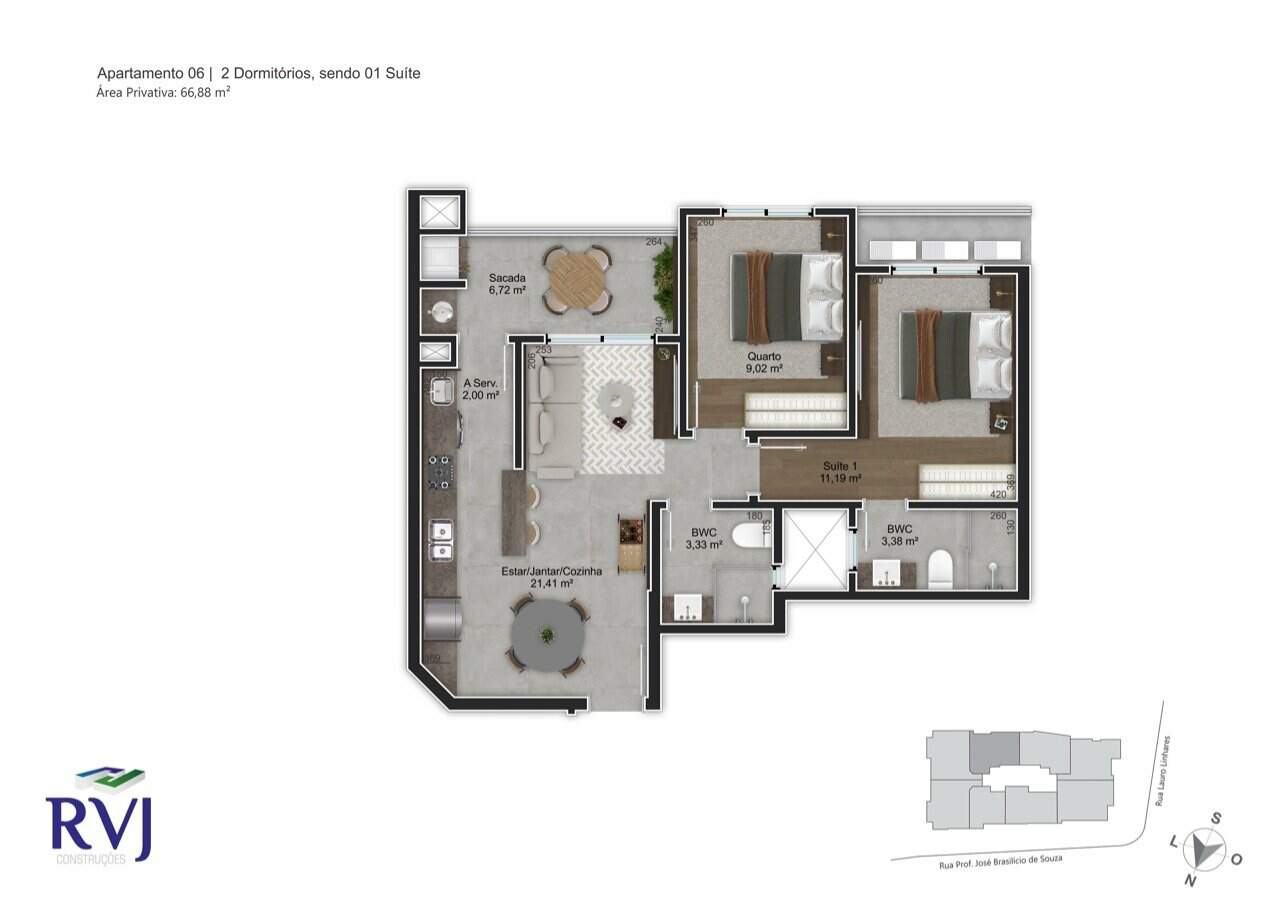 Apartamento[ NumeroQuarto] Trindade Florianópolis Rafael Moritz: Planta humanizada final 06 - 2 dorms (imagem ilustrativa - mobili rio e decora  o n o inclu dos)