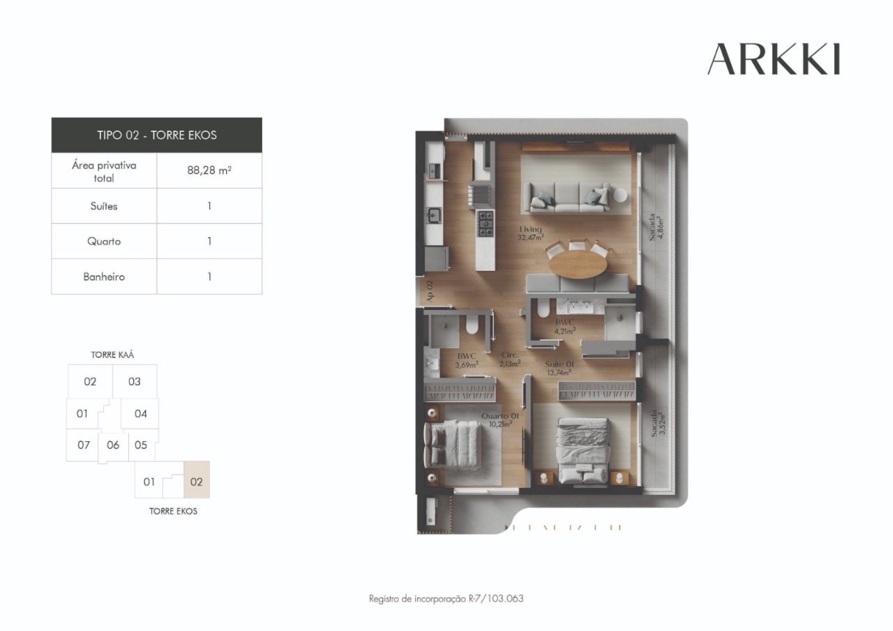 Apartamento[ NumeroQuarto] Centro Florianópolis Arkki: Planta humanizada final 02 Torre Ekos - imagem ilustrativa, mobili rio n o inclu do