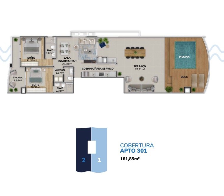 Cobertura[ NumeroQuarto] Pântano do Sul Florianópolis Wave Residencial: Planta humanizada cobertura 301 Torre B (imagem ilustrativa - mobili rio n o inclu do)