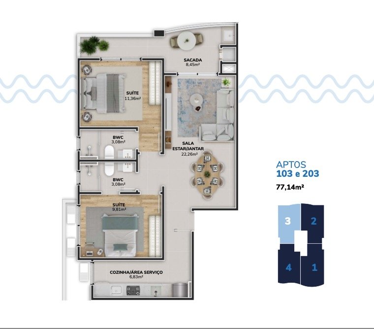 Apartamento[ NumeroQuarto] Pântano do Sul Florianópolis Wave Residencial: Planta humanizada final 03 Torre B (imagem ilustrativa - mobili rio n o inclu do)