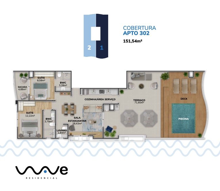Cobertura[ NumeroQuarto] Pântano do Sul Florianópolis Wave Residencial: Planta humanizada cobertura 302 Torre A (imagem ilustrativa - mobili rio n o inclu do)