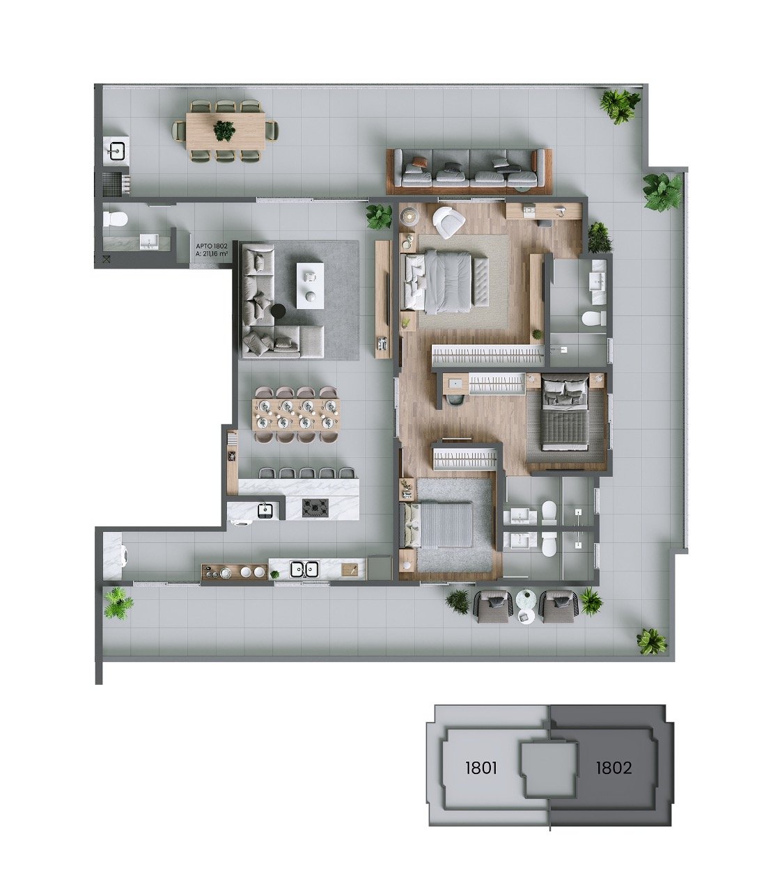 Cobertura[ NumeroQuarto] Agronômica Florianópolis Stuttgart: Planta humanizada 1802 - 3 su tes (imagem ilustrativa - mobili rio e decora  o n o inclu dos)