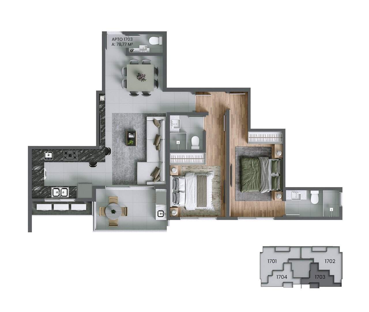 Apartamento[ NumeroQuarto] Agronômica Florianópolis Stuttgart: Planta humanizada 1703 - 2 su tes (imagem ilustrativa - mobili rio e decora  o n o inclu dos)