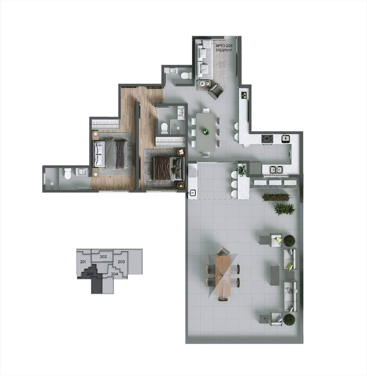 Apartamento[ NumeroQuarto] Agronômica Florianópolis Stuttgart: Planta humanizada final 05 - 2 su tes (imagem ilustrativa - mobili rio e decora  o n o inclu dos)