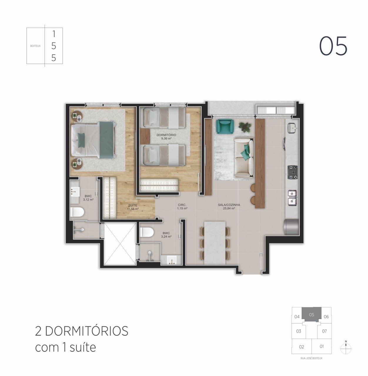 Apartamento[ NumeroQuarto] Centro Florianópolis Boiteux 155: Planta humanizada final 05 - 2 dormit rios (imagem ilustrativa - mobili rio n o inclu do)
