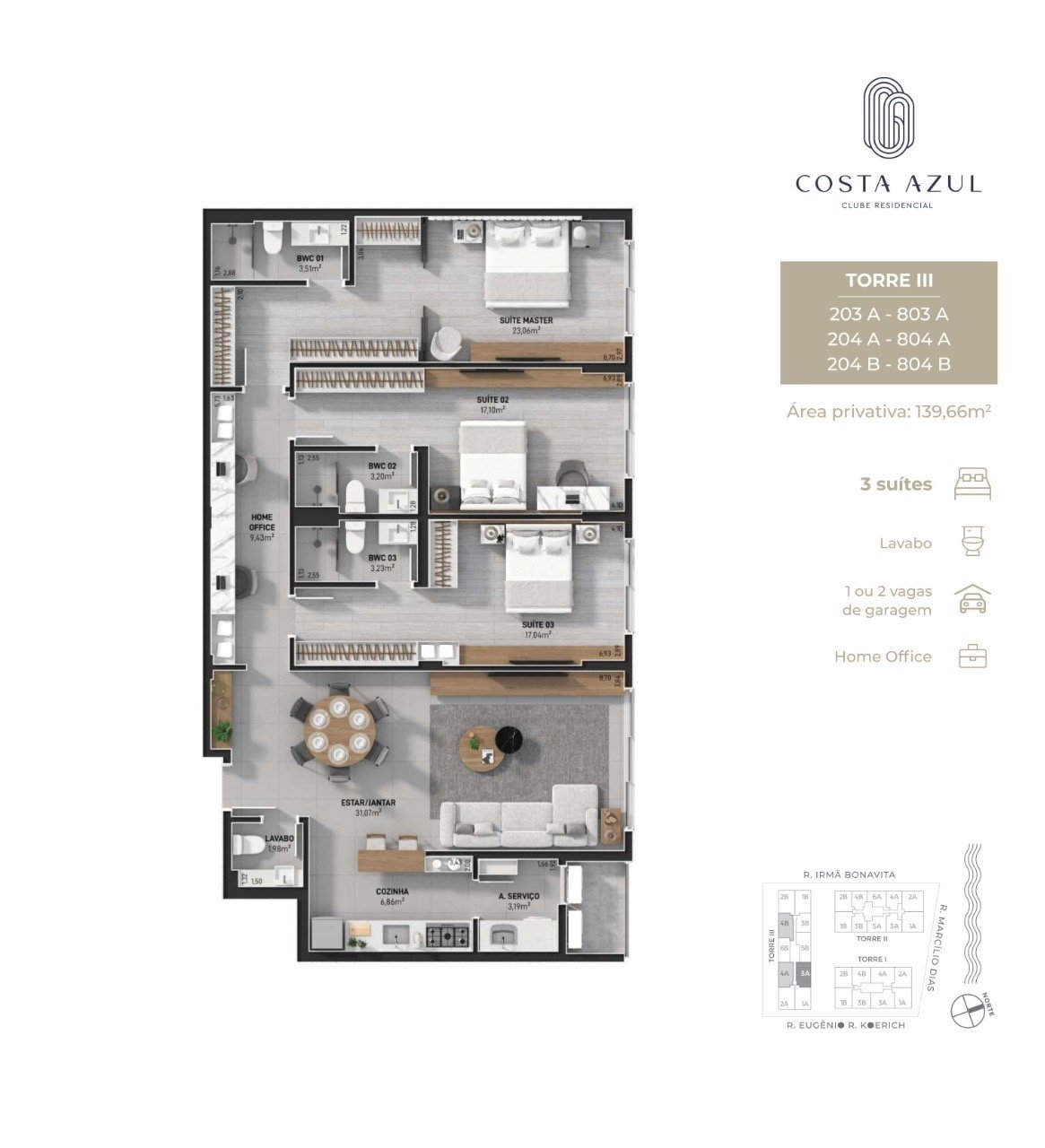 Apartamento[ NumeroQuarto] Novo estreito Florianópolis Costa Azul Clube Residencial: Planta humanizada final 03A, 04A e 04B Torre III (imagem ilustrativa - mobili rio n o inclu do)
