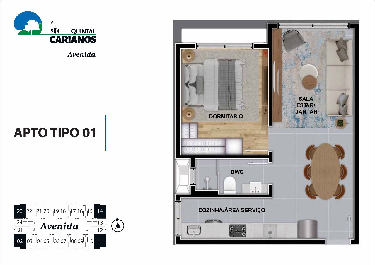Apartamento[ NumeroQuarto] Carianos Florianópolis Quintal Carianos - Avenida: Planta humanizada final 23 - 1 quarto (imagem ilustrativa - mobili rio e decora  o n o inclu dos)