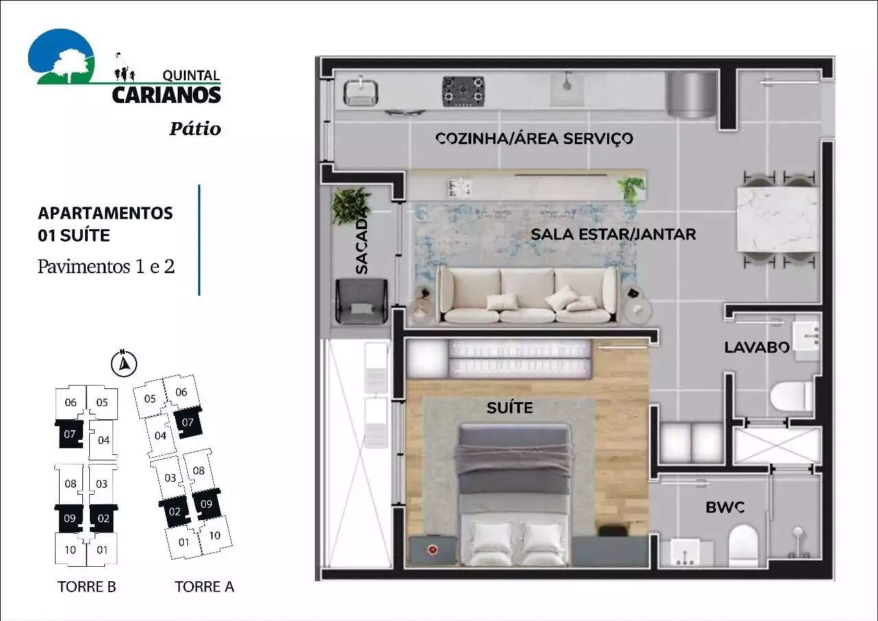 Apartamento 1 quarto em Carianos, Florianópolis | Quintal Carianos - Pátio: Planta humanizada final 07 - 1 quarto (imagem ilustrativa - mobiliário e decoração n o incluídos)