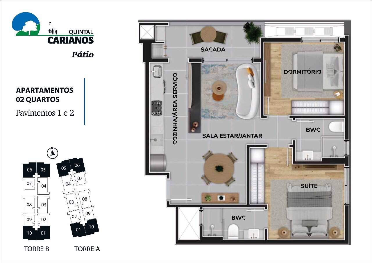 Apartamento 2 quartos em Carianos, Florianópolis | Quintal Carianos - Pátio: Planta humanizada final 1 - 2 quartos (imagem ilustrativa - mobili rio e decora  o n o inclu dos)