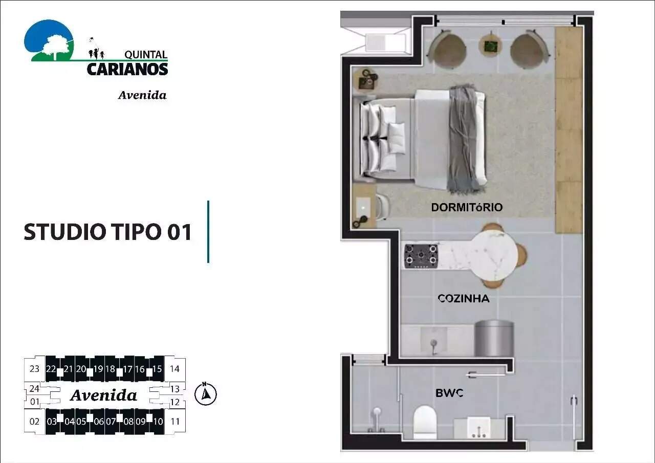 Apartamento 1 quarto em Carianos, Florianópolis | Quintal Carianos - Avenida:  Planta humanizada final 19 - Estúdio (imagem ilustrativa - mobiliário e decoração n o incluídos)