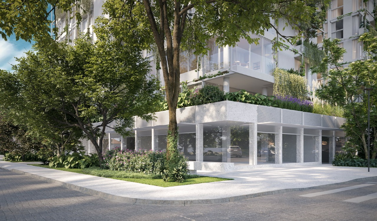 Fachada do Vero na esquina, com jardins e comércio no térreo (imagem ilustrativa)