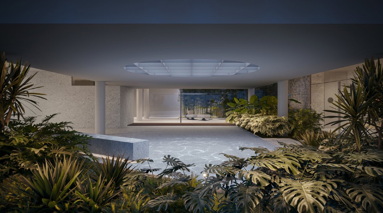 Jardim coberto com claraboia no acesso (imagem ilustrativa)