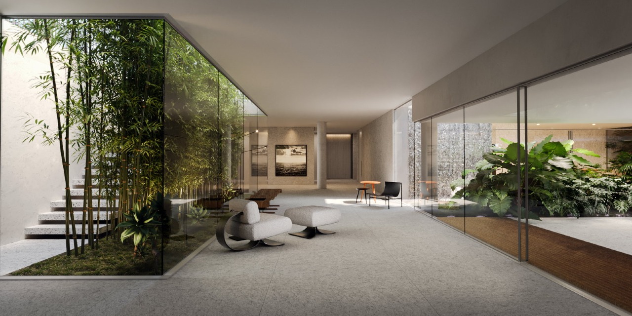 Hall de entrada com jardim de bambus e escada (imagem ilustrativa)