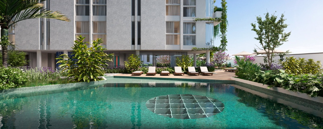 Piscina adulto aquecida com deck e espreguiçadeiras (imagem ilustrativa)
