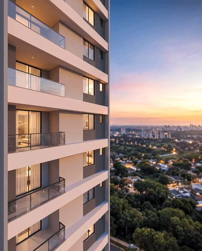 Fachada das sacadas do Essência Residence ao pôr do sol (imagem ilustrativa)