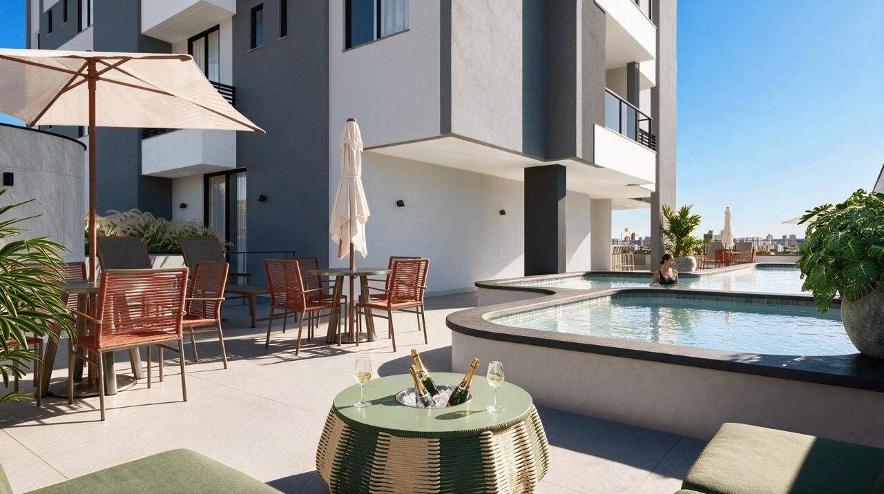 Piscina e área de estar junto à torre do Essência Residence (imagem ilustrativa)