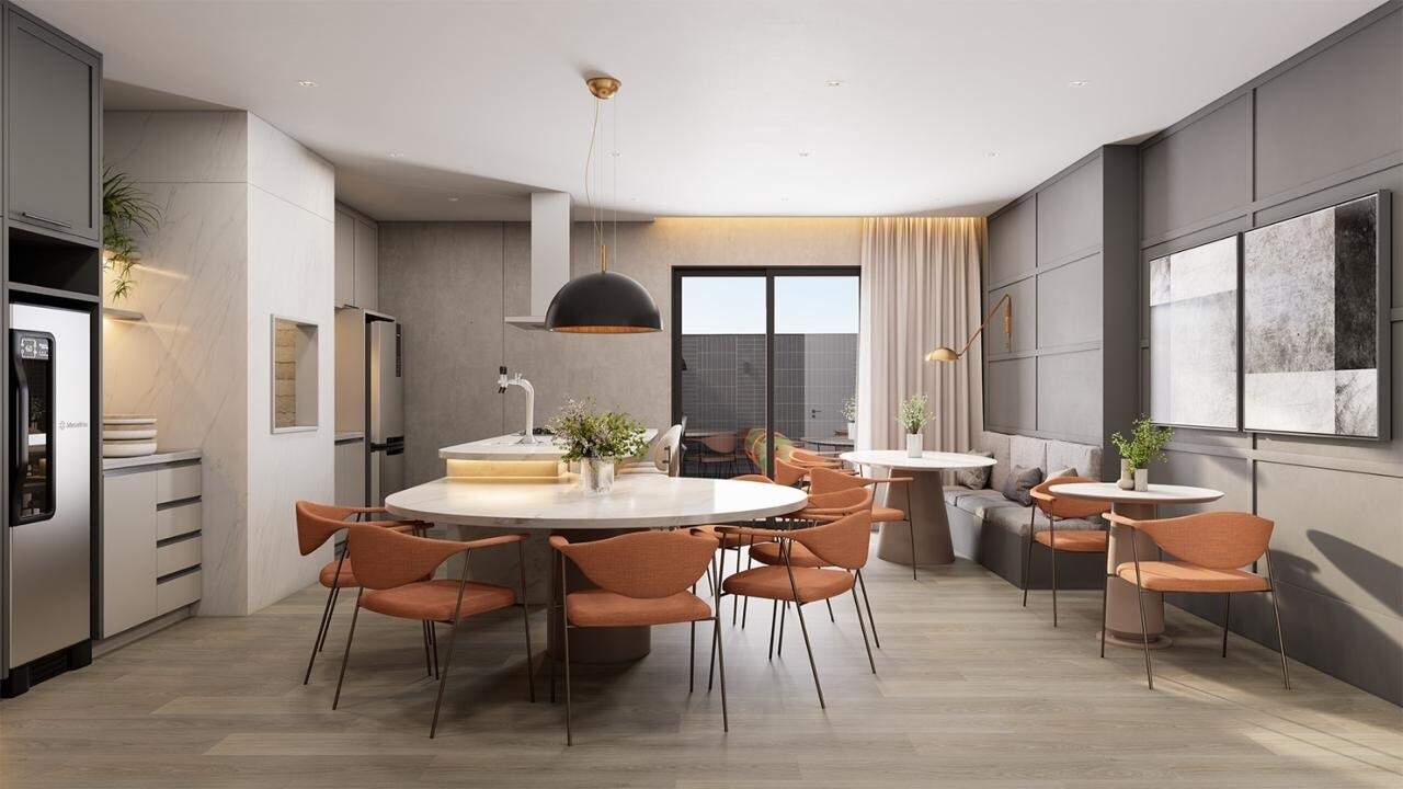 Espaço gourmet com mesas e cozinha equipada (imagem ilustrativa)