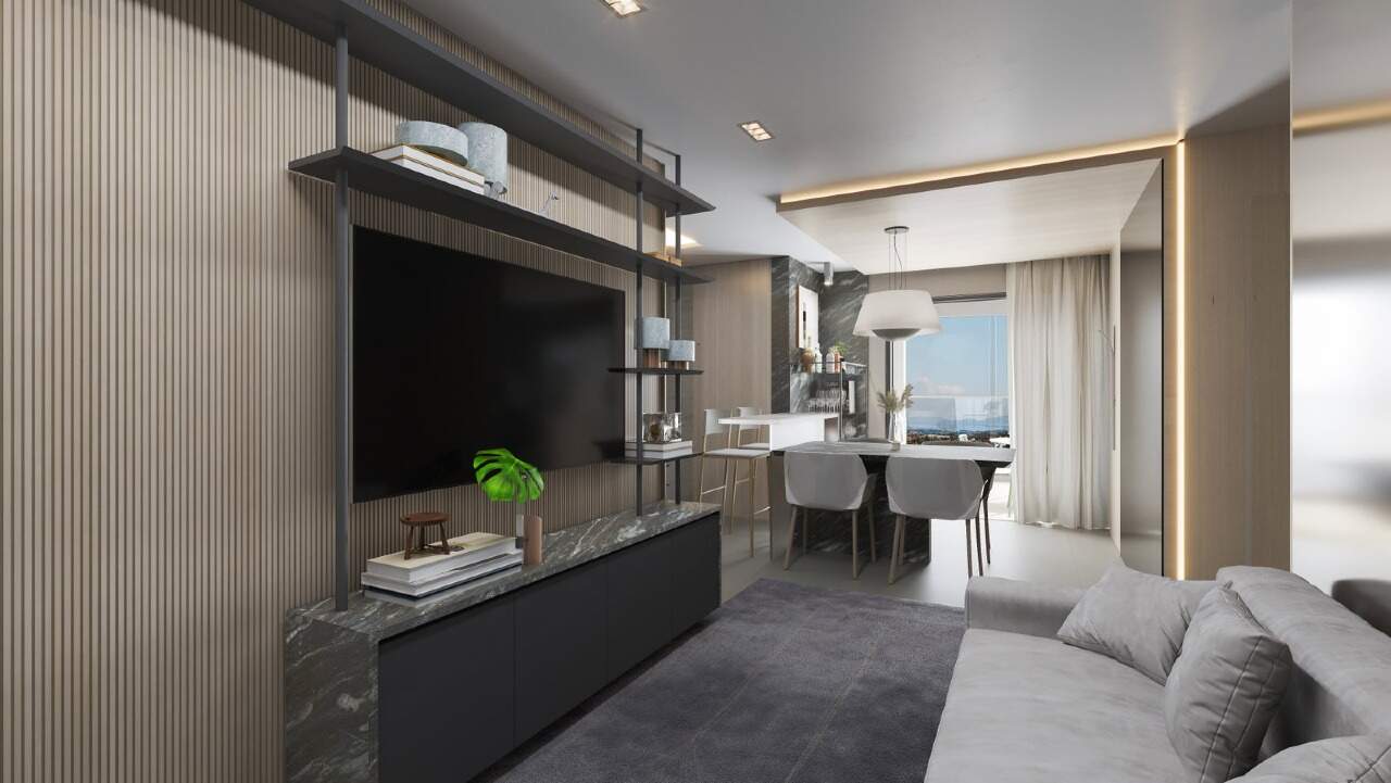 Living decorado com painel de TV e estante (imagem ilustrativa)