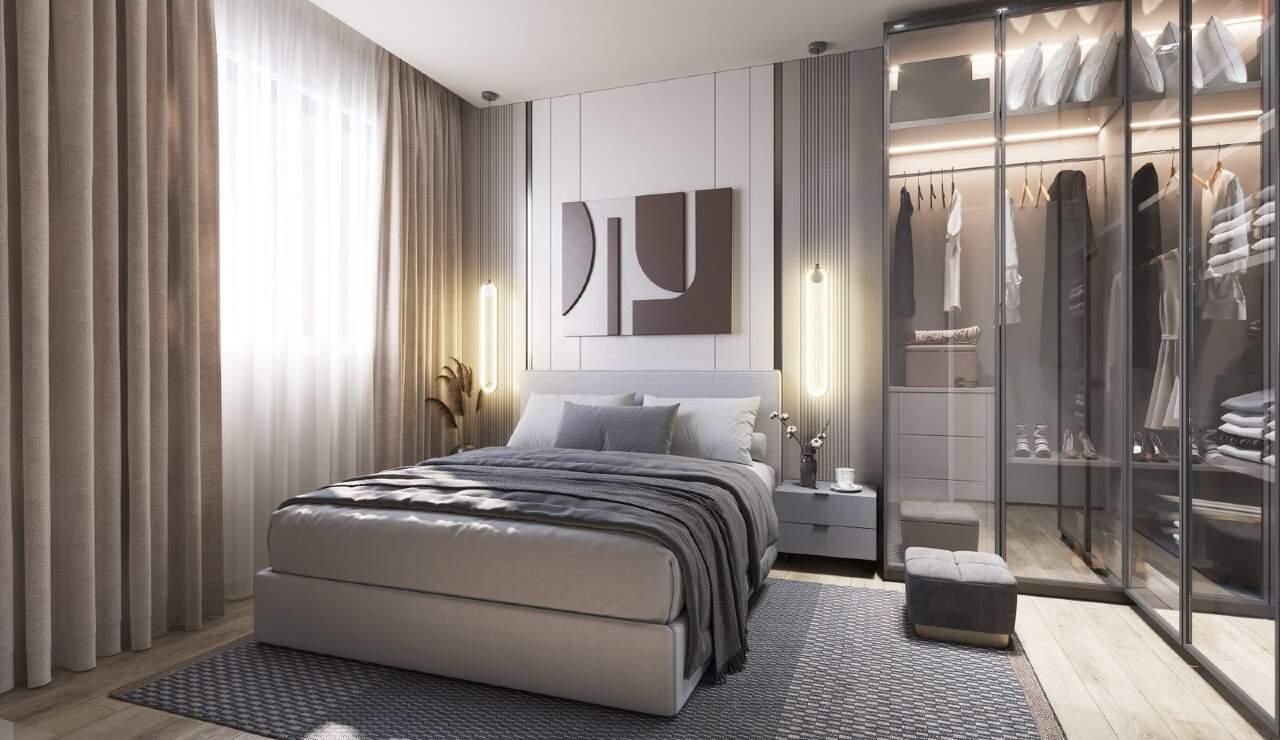 Suíte decorada com closet de vidro (imagem ilustrativa)