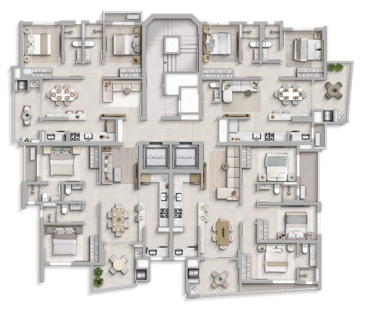 Planta do pavimento tipo do Essência Residence, com quatro apartamentos por andar