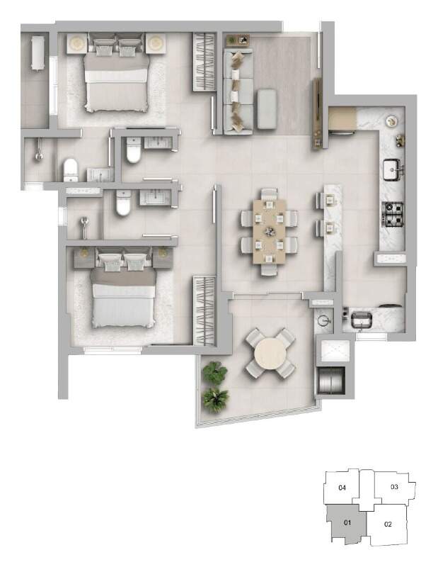 Planta do tipo 01 do Essência Residence: 81,82 m² com 2 suítes e sacada com churrasqueira
