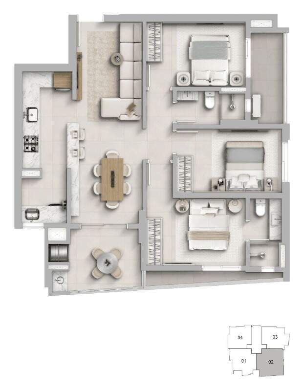 Planta do tipo 02 do Essência Residence: 96 m² com 3 dormitórios, sendo 1 suíte