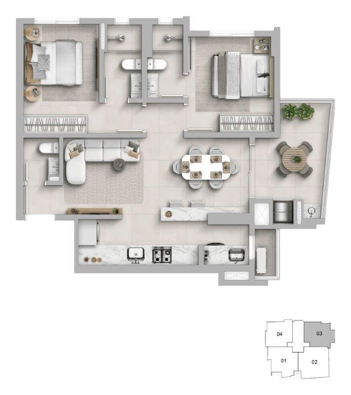 Planta do tipo 03 do Essência Residence: 76,23 m² com 2 suítes, lavabo e sacada