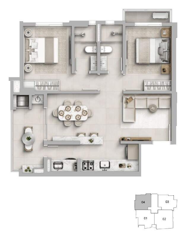 Planta do tipo 04 do Essência Residence: 73,36 m² com 2 dormitórios, sendo 1 suíte