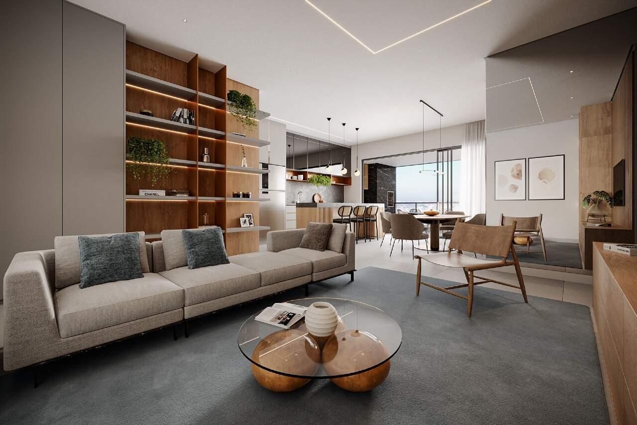 Living decorado com cozinha integrada e sacada no Residencial Monte Viso (imagem ilustrativa)