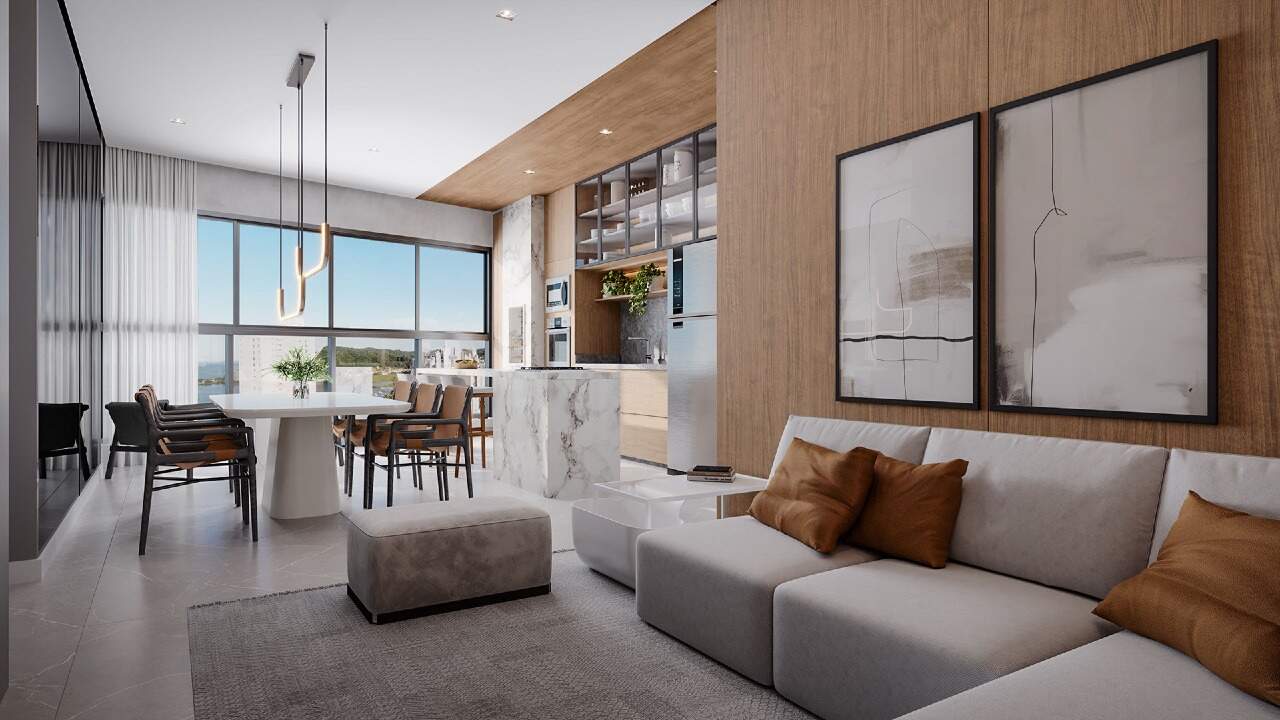 Living e cozinha integrados, decorados, no Residencial Monte Viso (imagem e vista ilustrativas)