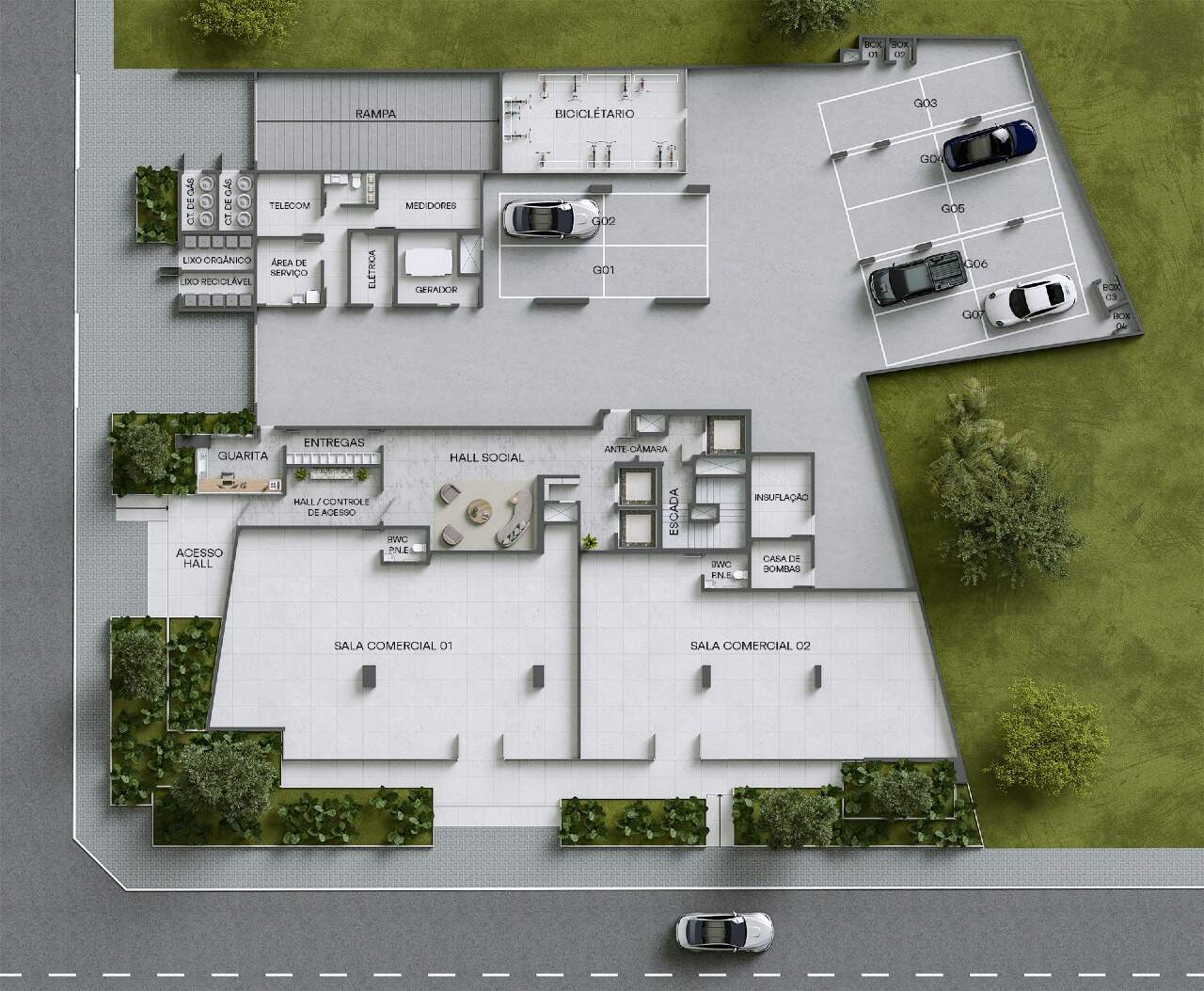 Planta do térreo do Monte Viso, com hall social, guarita e duas salas comerciais