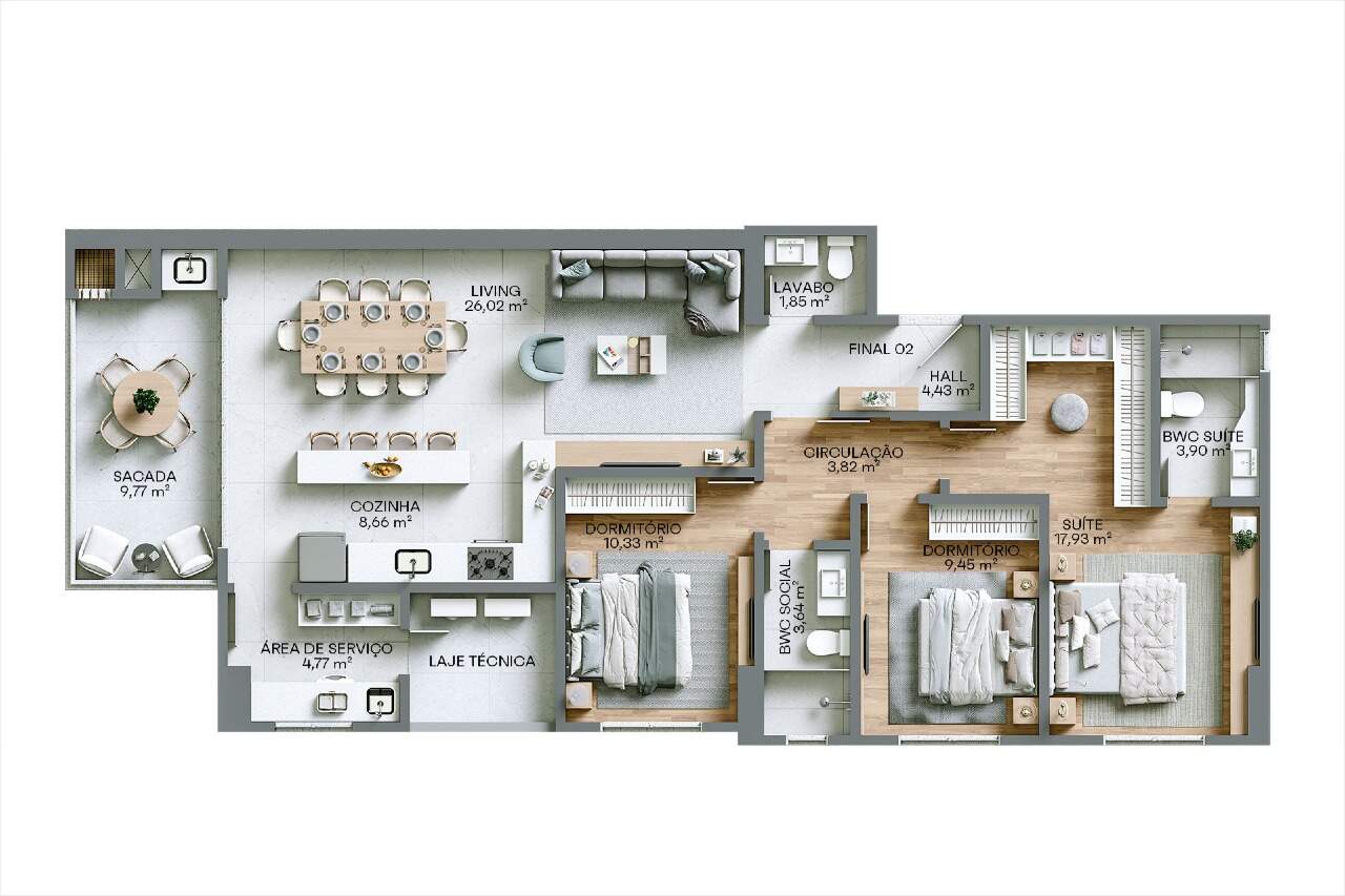 Planta do final 02 do Monte Viso: apartamento de 121 m² com 3 dormitórios, sendo 1 suíte