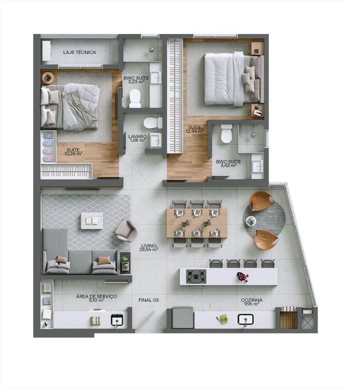 Planta do final 03 do Monte Viso: apartamento de 85,81 m² com 2 suítes