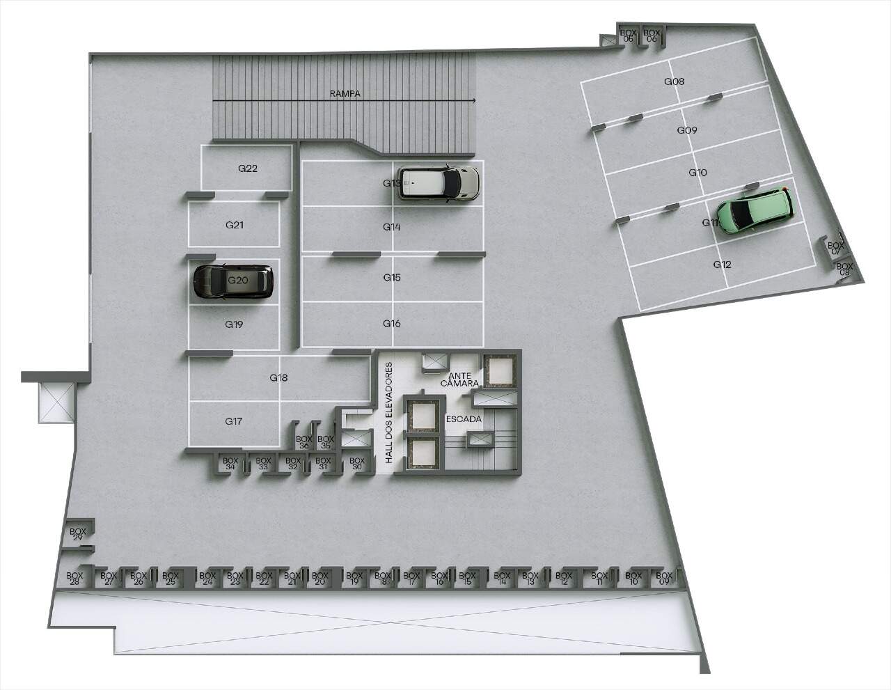 Planta da garagem G1 do Monte Viso, com vagas e hobby boxes