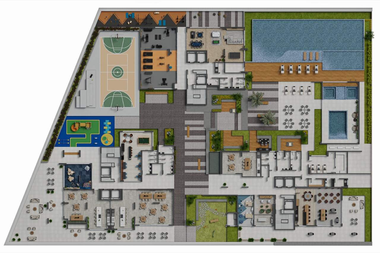 Planta do pavimento de lazer do Fazenda Garden, com mais de 3.500 m²