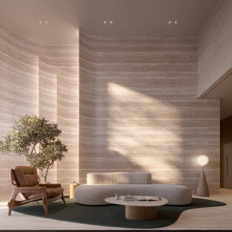 Hall de entrada decorado e mobiliado, com pé-direito alto (imagem ilustrativa)